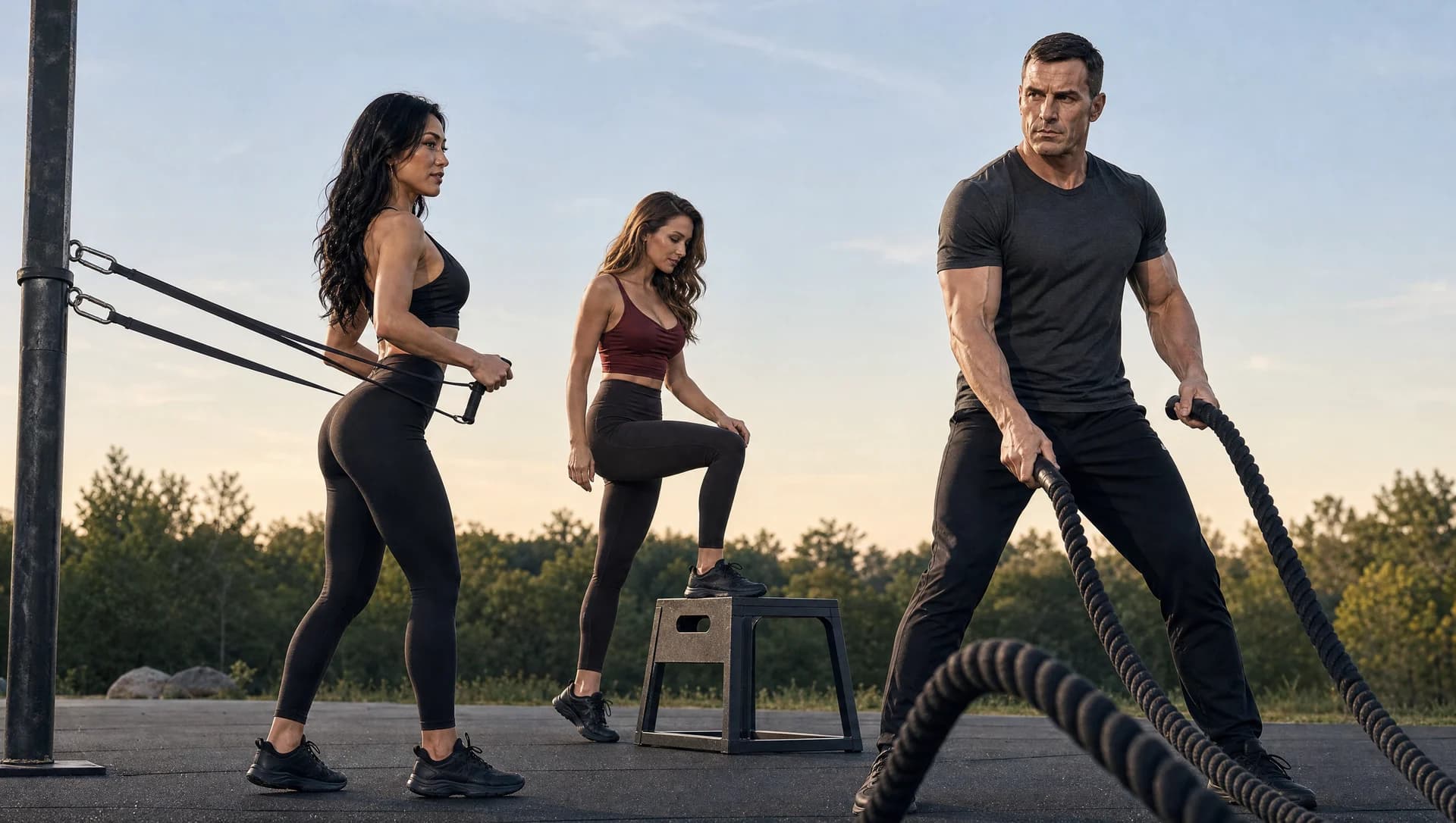 Kael working battle ropes while two women train beside him outdoors at dawn